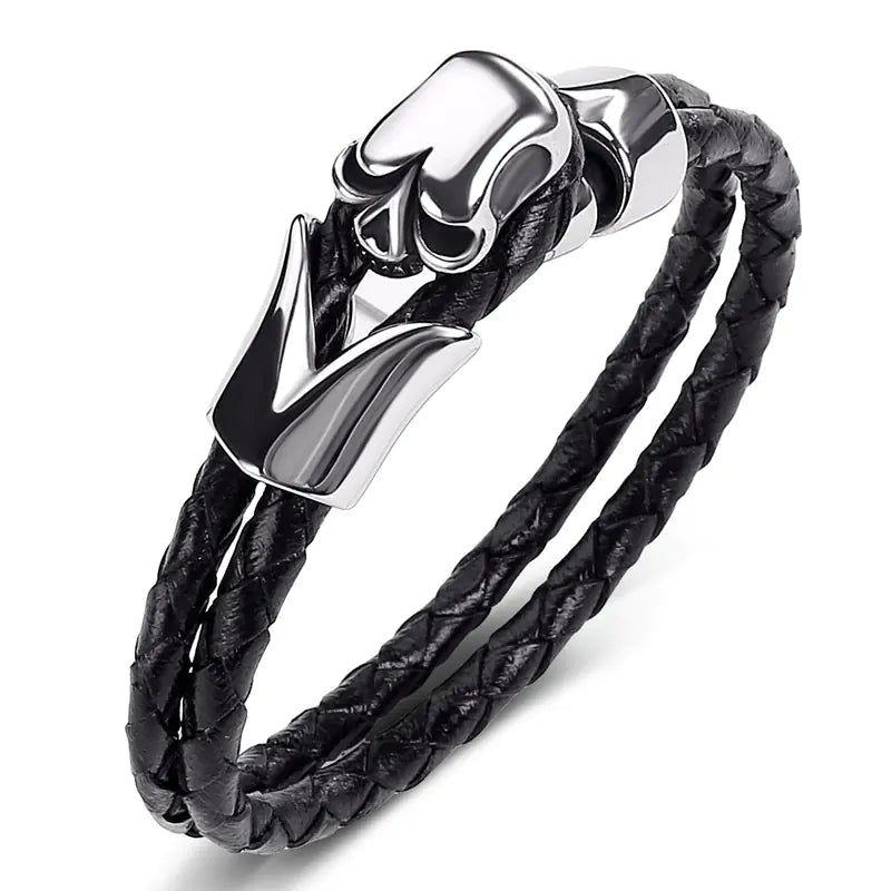 Titanium Steel Skull Bracelet with Woven Rope Design