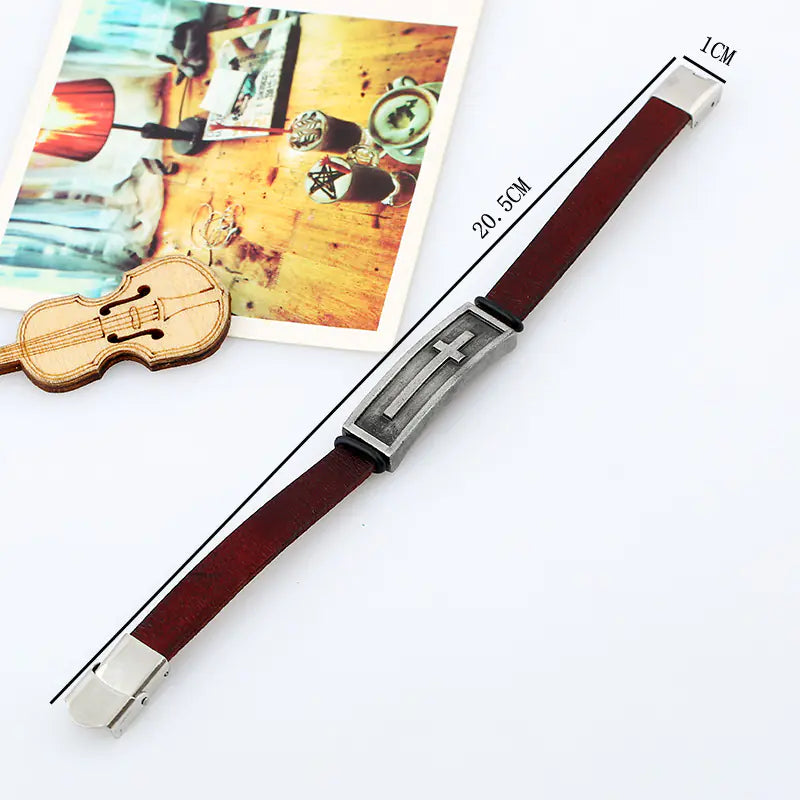 Genuine Leather Men's Bracelet with Cross Design