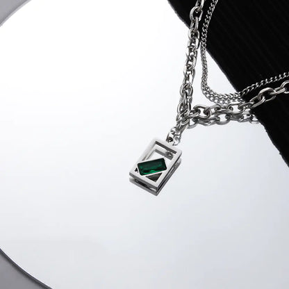 Double Layer Stainless Steel Men's Necklace with Green Pendant