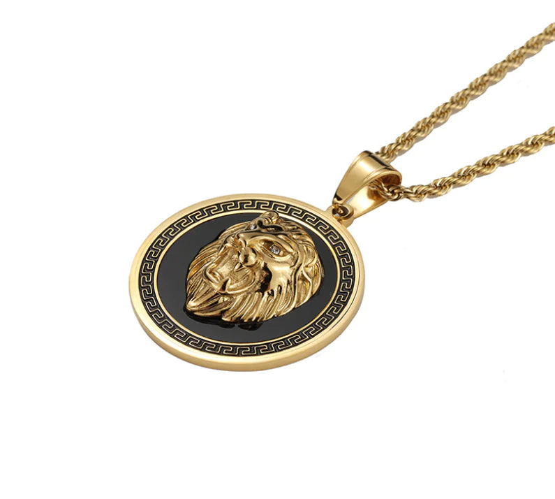 Men's Necklace with Lion Head and Prayer Hand Pendant