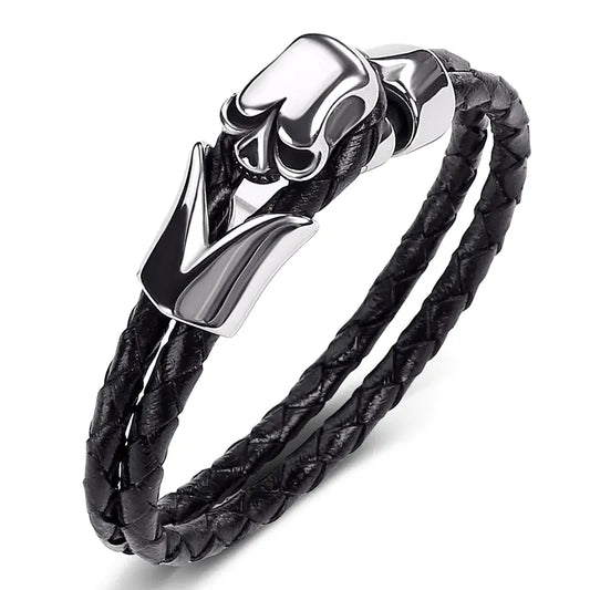 Titanium Steel Skull Bracelet with Woven Rope Design