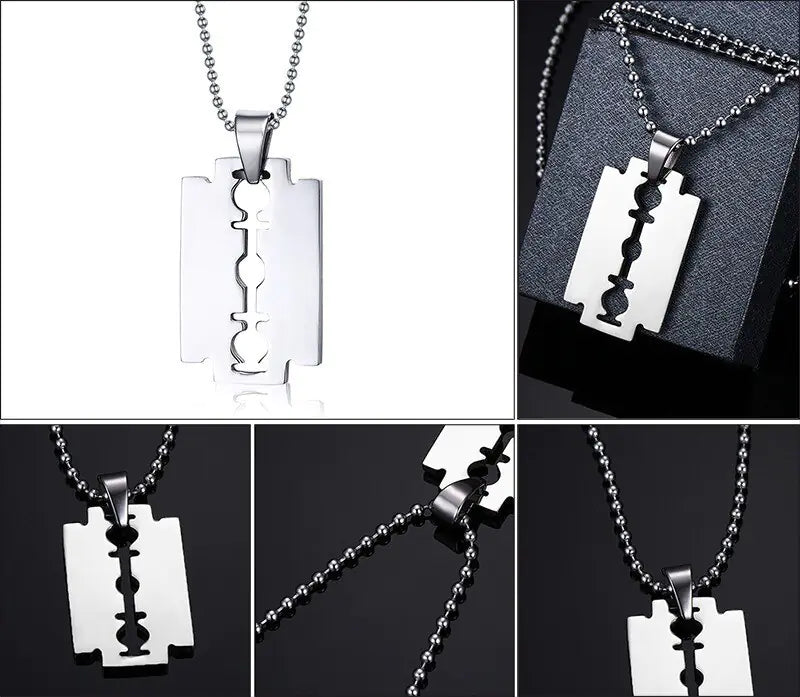 Men's Stainless Steel Blade Necklace and Razor Pendant