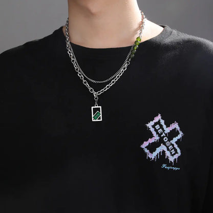 Double Layer Stainless Steel Men's Necklace with Green Pendant