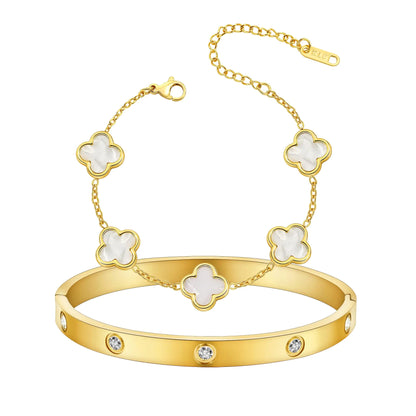 Gold Plated Cuff Bangle Clover Bracelet Set for Women
